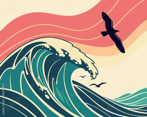 Ocean's Embrace: Witness the awe-inspiring dance of nature, a majestic wave rises beneath a vibrant, gradient sky, with birds in flight, carrying a sense of serenity.