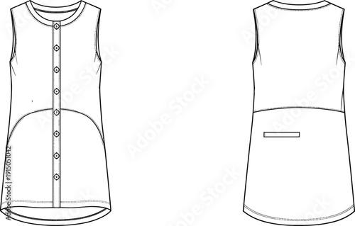 Sleeveless button front dress technical fashion flat sketch front and back view casual womenswear apparel illustration vector outline
