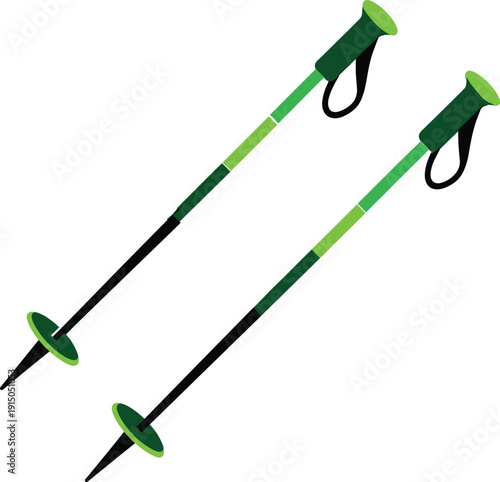 Two Green and Black Ski Poles with Handles and Tips