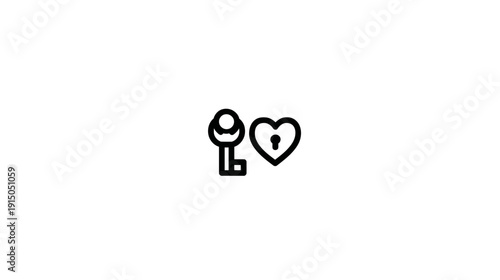 Black outline image of a key and a heart with a keyhole, signifying love and connection