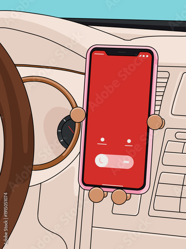 Close Up Illustration of a Smartphone Device Gadget Mounted on Phone Holder at Car Dashboard. Communication and Travel Mock-up Call Screen Template with Copyspace for Text . Vehicle Interior