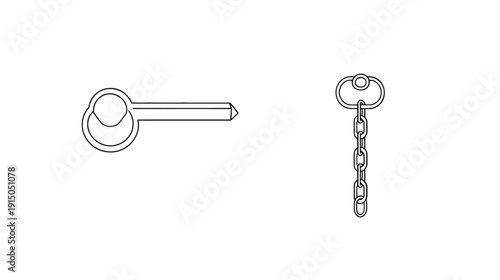 Two line art keys, one with a ring and the other attached to a chain, all on a white background