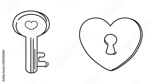 Black and white line art of a key with a heart design and a heart-shaped lock