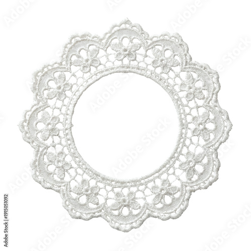 Tableau sur toile A white round lace doily with floral crochet details forming a decorative circular frame, on a transparent background for romantic, vintage, and wedding designs