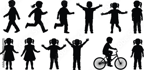 Mega collection of black silhouettes featuring standing jumping and playing children pointing women musicians dancers sitting people and various tree species isolated on white background (