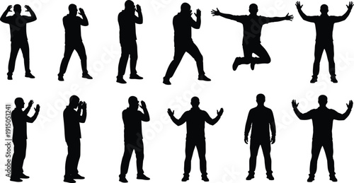 Mega collection of black silhouettes featuring standing jumping and playing children pointing women musicians dancers sitting people and various tree species isolated on white background