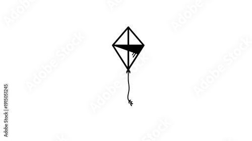 A black and white illustration of a kite with a decorative tail on a plain white background