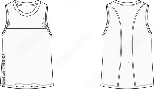 Sleeveless tank top technical illustration, front and back view, black and white line drawing apparel design isolated on white background