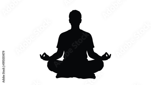 Silhouette of a person sitting in the lotus meditation pose practicing mindfulness and achieving inner peace against a white background