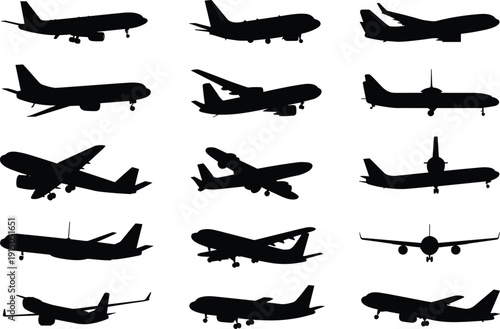 Comprehensive Collection of Airplane Silhouettes Featuring Commercial Passenger Jets in Various Flight Angles Including Takeoff Landing and Runway Approaches Vector Icons Isolated on White Background