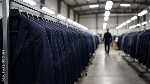 Dark navy suit jackets hanging metal racks spacious garment warehouse with worker walking between aisles, organized production environment with soft industrial lighting and careful quality control