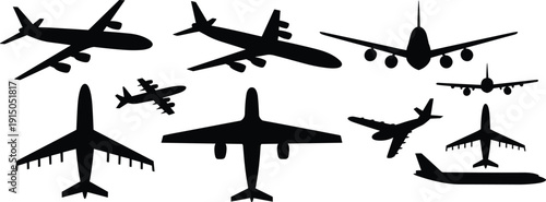 Comprehensive Collection of Airplane Silhouettes Featuring Various Passenger Jets in Flight Angles Including Top View Side Profiles and Frontal Perspectives Vector Icons Isolated on White