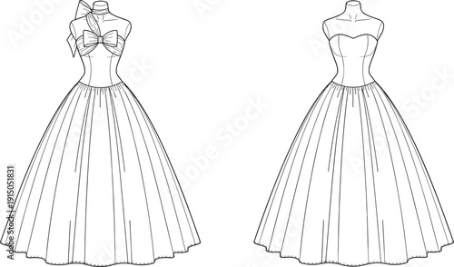 Strapless ball gown technical fashion illustration, front and back view, women evening dress flat sketch, bow bodice detail, vector line drawing