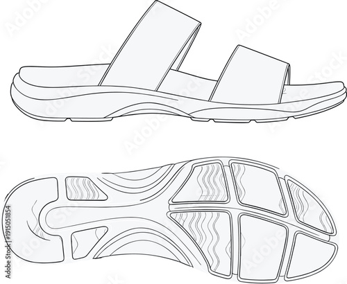 Slide sandals technical fashion illustration, side and bottom view, open toe footwear flat sketch vector design