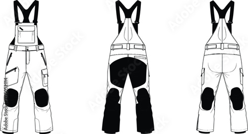 Technical bib pants illustration, front back and rear view, insulated ski snow trousers with suspenders winter workwear fashion design isolated on white background