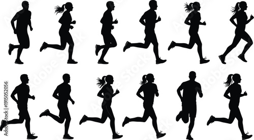 Running runner silhouette collection, marathon athletes jogging set, hstyle fitness exercise icons, sprinting people silhouettes, sport training group isolated, active men women workout silhouettes.
