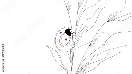 A black and white illustration depicts a ladybug on stylized foliage with red dots on its shell