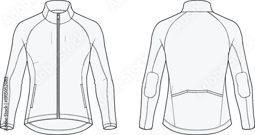 Technical sports jacket illustration, front and back view, zip up performance outerwear with elbow patches fashion apparel design isolated on white background