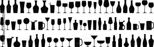 Comprehensive Collection of Glassware and Bottle Silhouettes Featuring Wine Glasses Beer Mugs Cocktails and Bottles Vector Icons Isolated on White Background for Bar and Restaurant