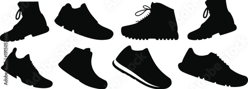 Comprehensive Collection of Sneaker and Sport Shoe Silhouettes Featuring Various Athletic Footwear Styles and Poses Isolated on White Background for Fashion and Lifestyle Design Projects
