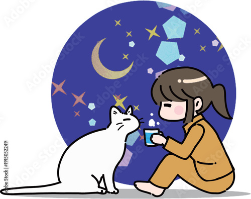 夜に猫と一緒に過ごす女性