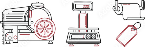 Butcher Shop Equipment Line Icons – Meat Slicer, Grinder, Scale and Price Tag Vector Set
