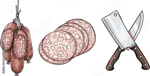 Hand Drawn Butcher Shop Vector Set with Hanging Salami Slices of Deli Meat and Crossed Meat Cleaver Knives