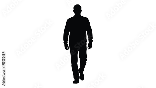Silhouette of a man in casual clothing walking forward isolated against a clean white background representing anonymous movement or identity