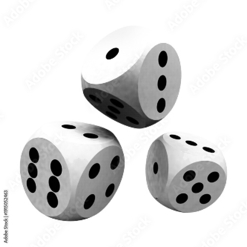 Three dice in halftone style isolated on white background. Casino gambling illustration for game, luck, probability, risk, and entertainment design projects.