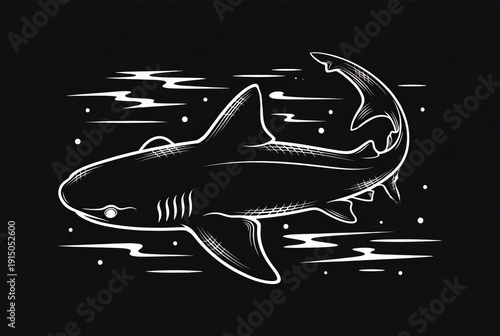 Detailed illustration of a great shark swimming in the ocean showing its features.