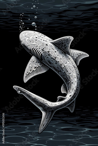 Detailed illustration of a great shark swimming in the ocean showing its features.