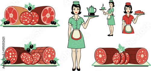Retro Diner Waitress and Gourmet Deli Meat Illustration Set - Vintage 1950s Style Clip Art
