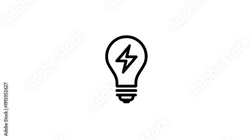A simple black line art light bulb with a lightning bolt inside on a white background