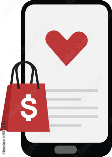Vector illustration of a smartphone with a heart icon on the screen and a red shopping bag with a dollar symbol. Concept of online shopping, mobile commerce, digital payments, and retail marketing.