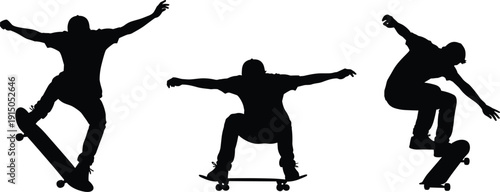 Set, of, black, skateboarder, silhouettes, performing, tricks, and, jumps, on, skateboards, isolated, on, white, background, for, extreme, sports, graphic, design, and, street, culture, illustrations