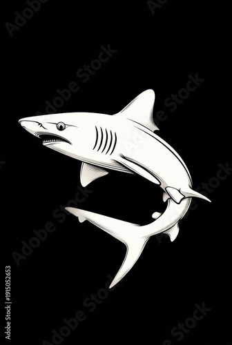Detailed illustration of a great shark swimming in the ocean showing its features.