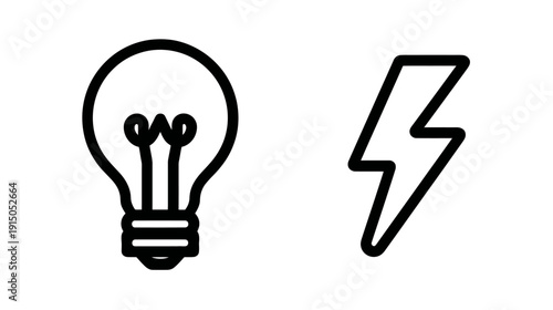 A white background with a lightbulb and a lightning bolt in bold black outline