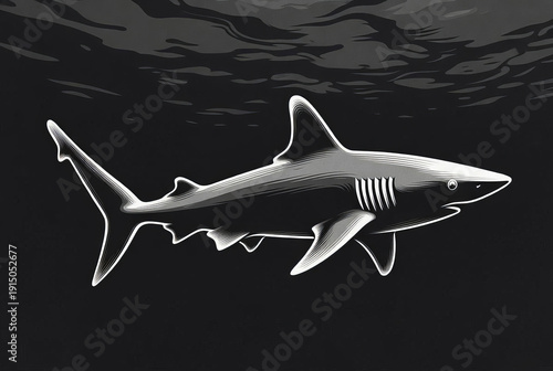 Detailed illustration of a great shark swimming in the ocean showing its features.
