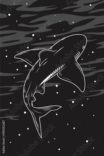 Detailed illustration of a great shark swimming in the ocean showing its features.