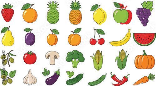 Colorful fruits and vegetables icon set including fresh produce, healthy food elements and organic nutrition vector illustration