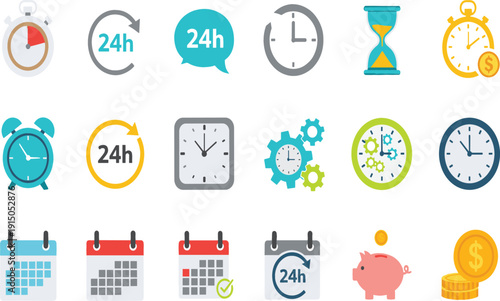 Time management and 24 hour service icons set including clocks, calendars, alarms and schedule symbols vector illustration