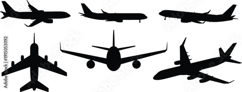 Large Collection of Airplane Silhouettes Featuring Commercial Passenger Jets in Flight Angles Including Side Profiles Top Views and Frontal Perspectives Vector Icons Isolated on White