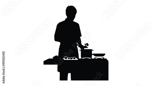 Silhouette of a person wearing an apron carefully preparing food by adding ingredients into a simmering pot on a stovetop