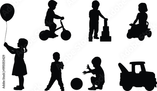 Set of Children Playing Silhouettes Featuring Kids Riding Tricycles Building with Blocks Holding Balloons and Playing with Toy Trucks Isolated on White Background for Family Design