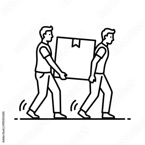 A professional black and white minimalist line art vector image depicting two strong movers carefully carrying a large cardboard shipping box during relocation.