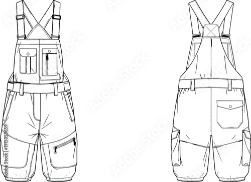 Workwear bib overalls technical illustration, front and back view, utility cargo pants with suspenders fashion line drawing isolated on white background