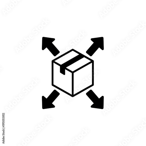 A dynamic logistics vector image featuring a central shipping box with four outward arrows symbolizing global distribution, shipping options, and expansion of commerce.