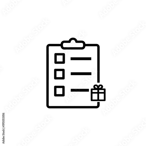 A structured administrative vector image of a clipboard checklist with a gift icon representing inventory management, gift registries, and order fulfillment tracking.
