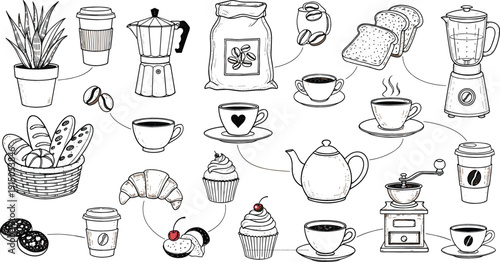 Hand drawn coffee and bakery doodle vector set with cups beans croissants and café tools, cozy sketch illustrations for menu designs, packaging, stickers, and branding