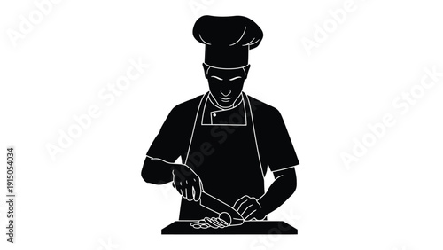 Silhouette of a professional chef wearing a tall toque and apron meticulously slicing ingredients on a cutting board with focus
